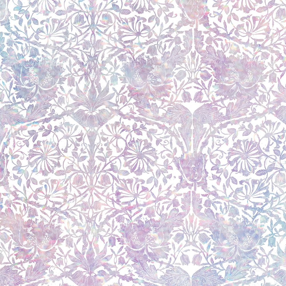 Vintage pink floral holographic vector pattern remix from artwork by William Morris
