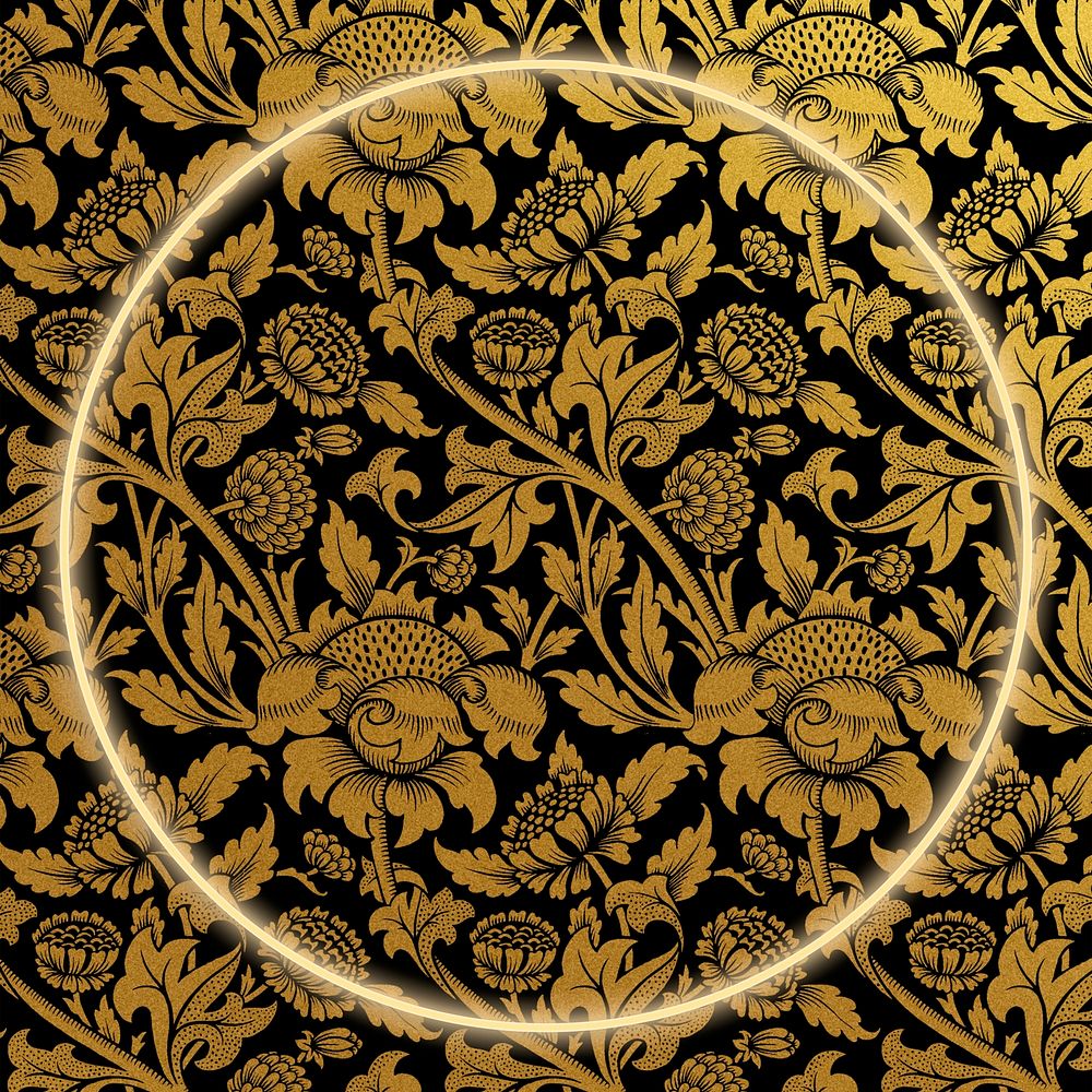 Golden botanical pattern psd frame remix from artwork by William Morris