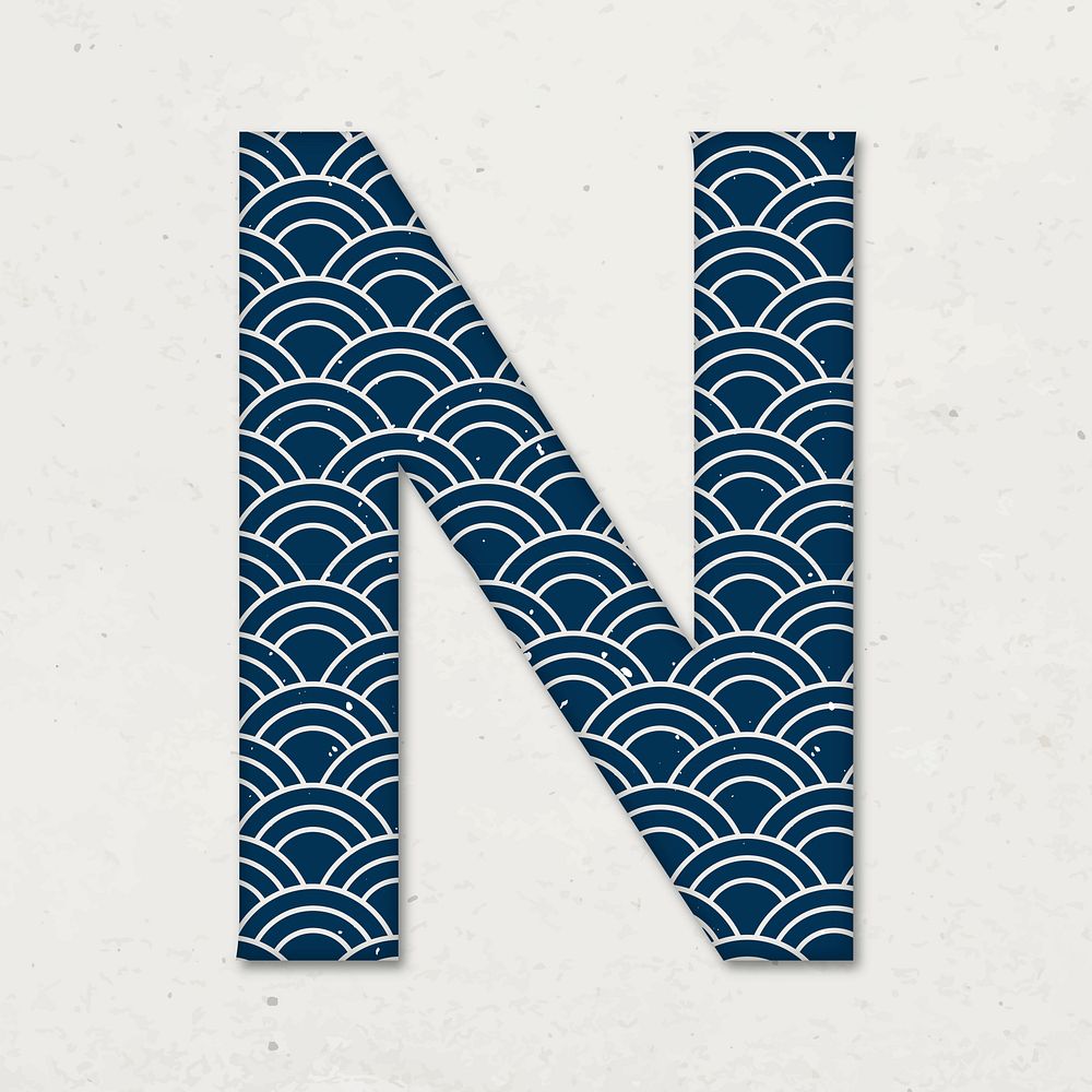 Seigaiha letter n Japanese vector blue pattern typography