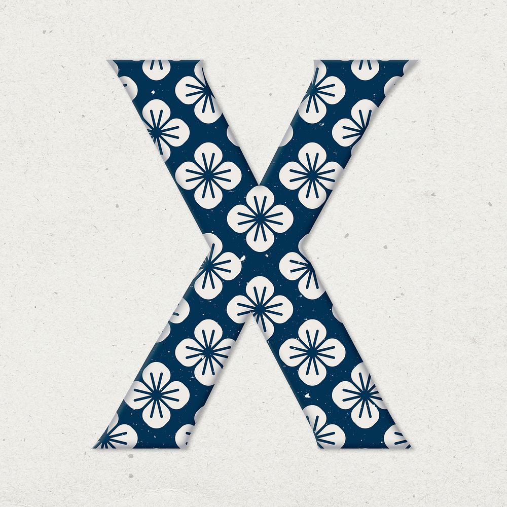 Letter x Japanese floral psd blue pattern typography