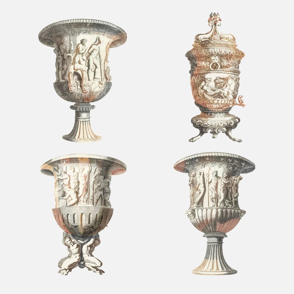 Ancient ornamental pot vector vintage illustration set