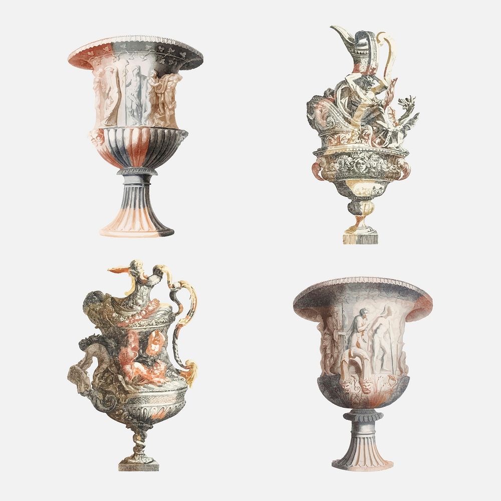Ancient ornamental vase vector vintage illustration set