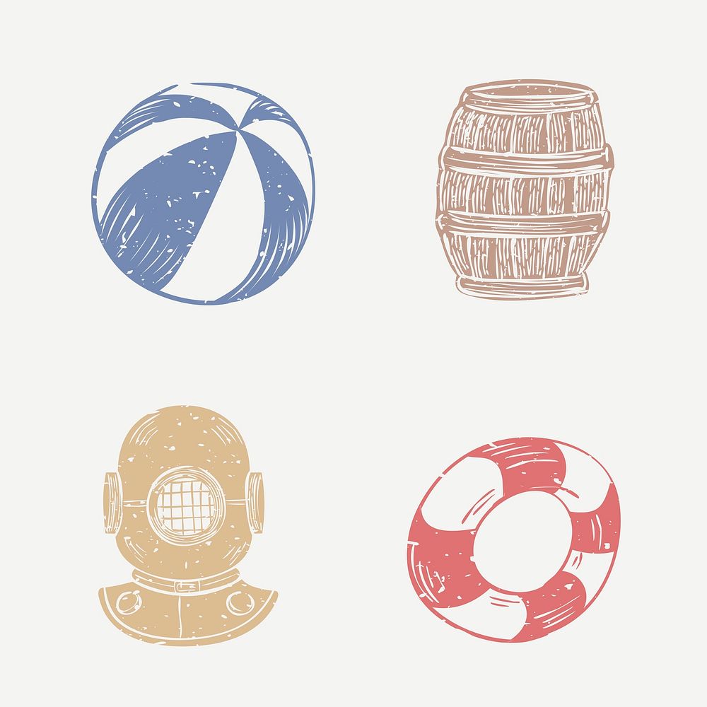 Beach and diving helmet vector cute linocut design elements collection