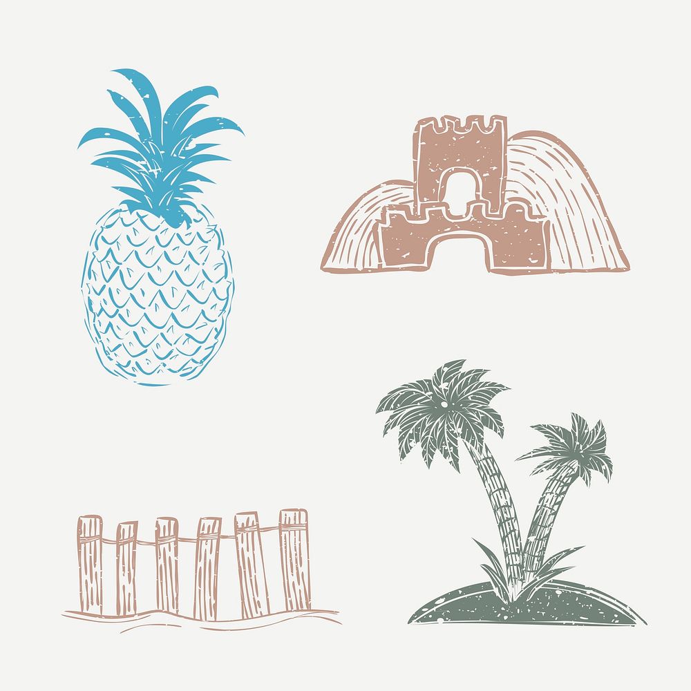 Pineapple and sand castle psd cute linocut design elements set