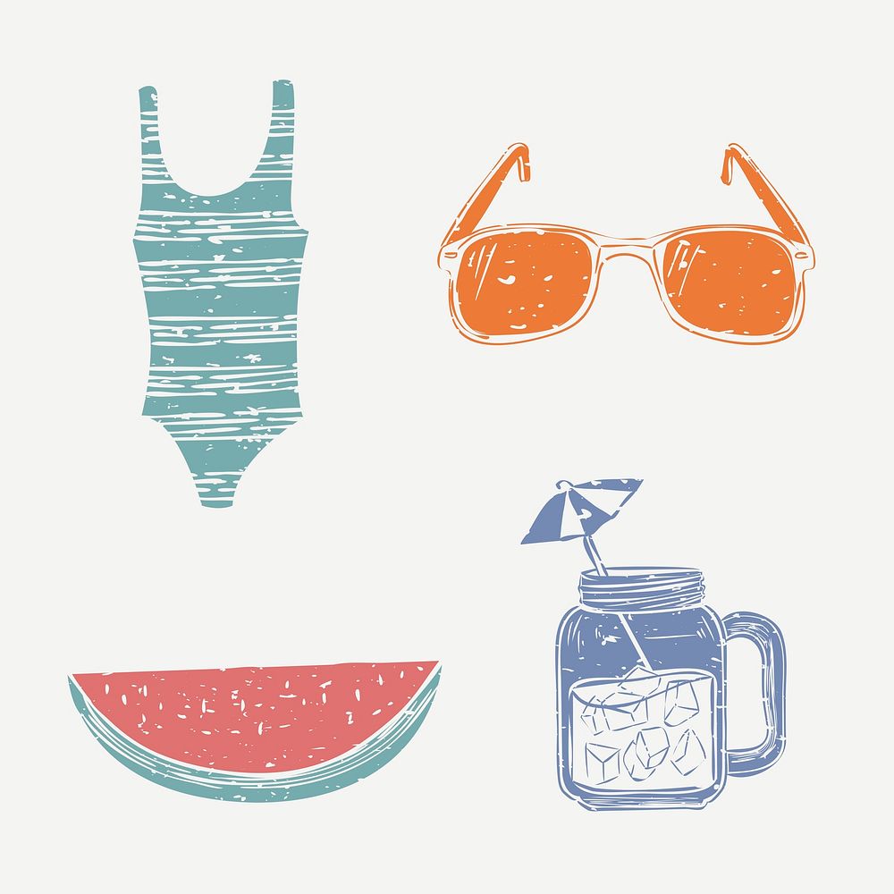Summer by the beach psd cute linocut graphic collection