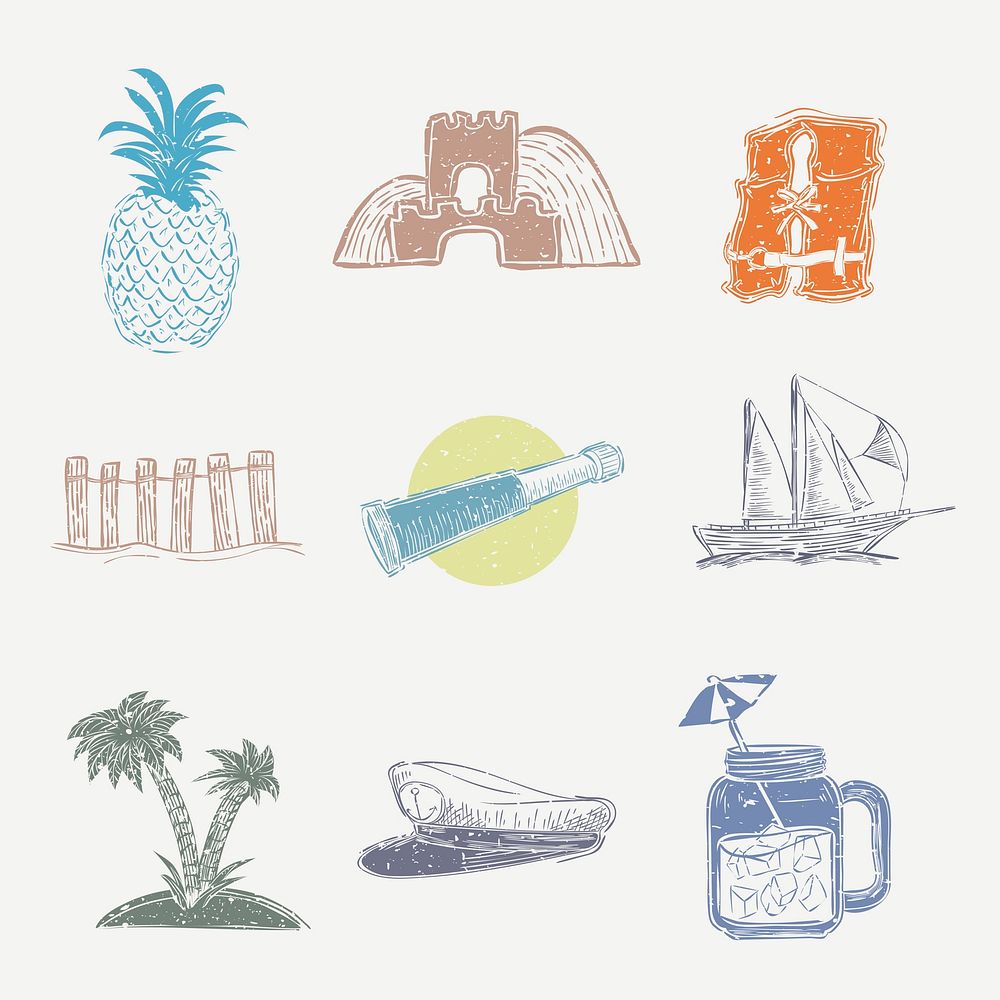 Summer nautical printmaking psd cartoon design elements set