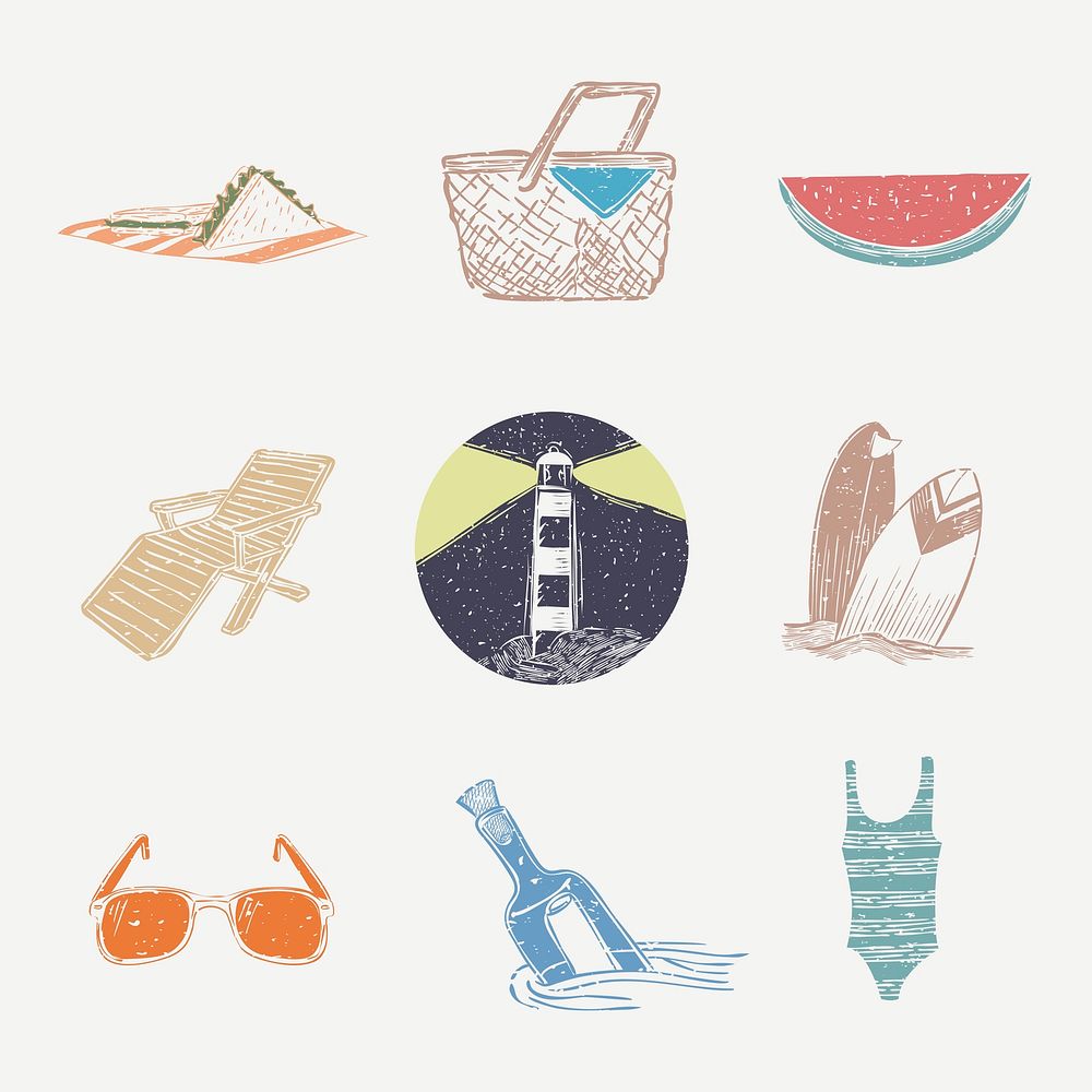 Summer nautical printmaking psd cartoon design elements set