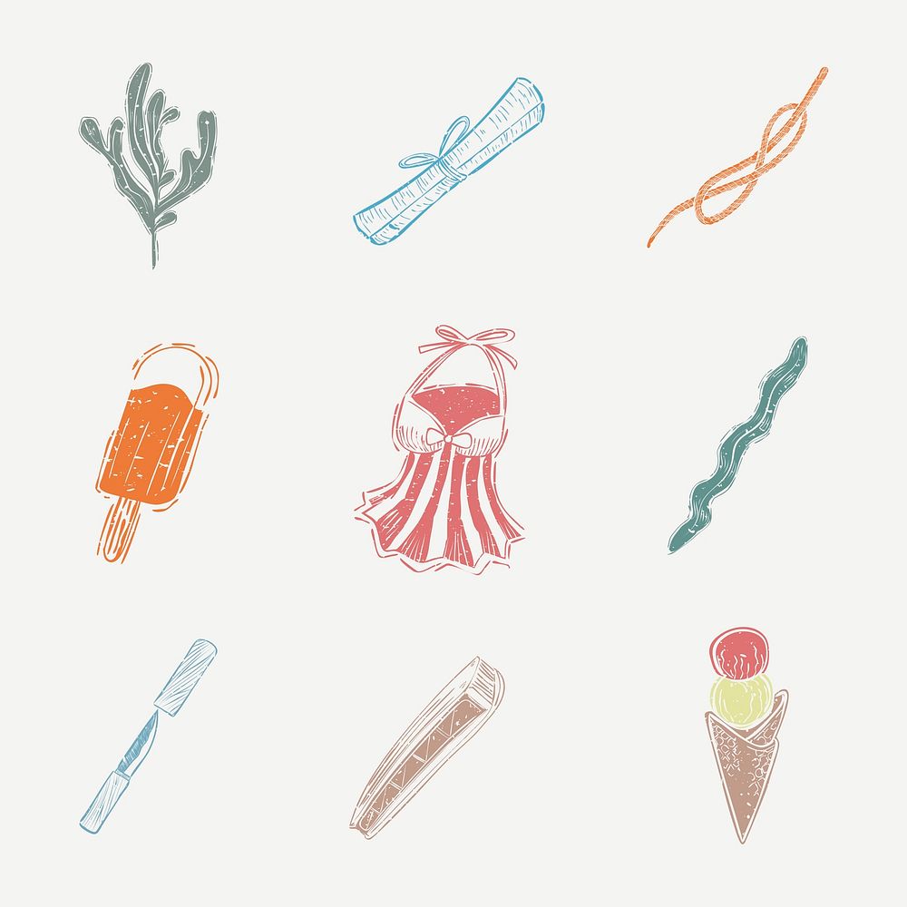 Summer beach linocut vector cute design elements collection