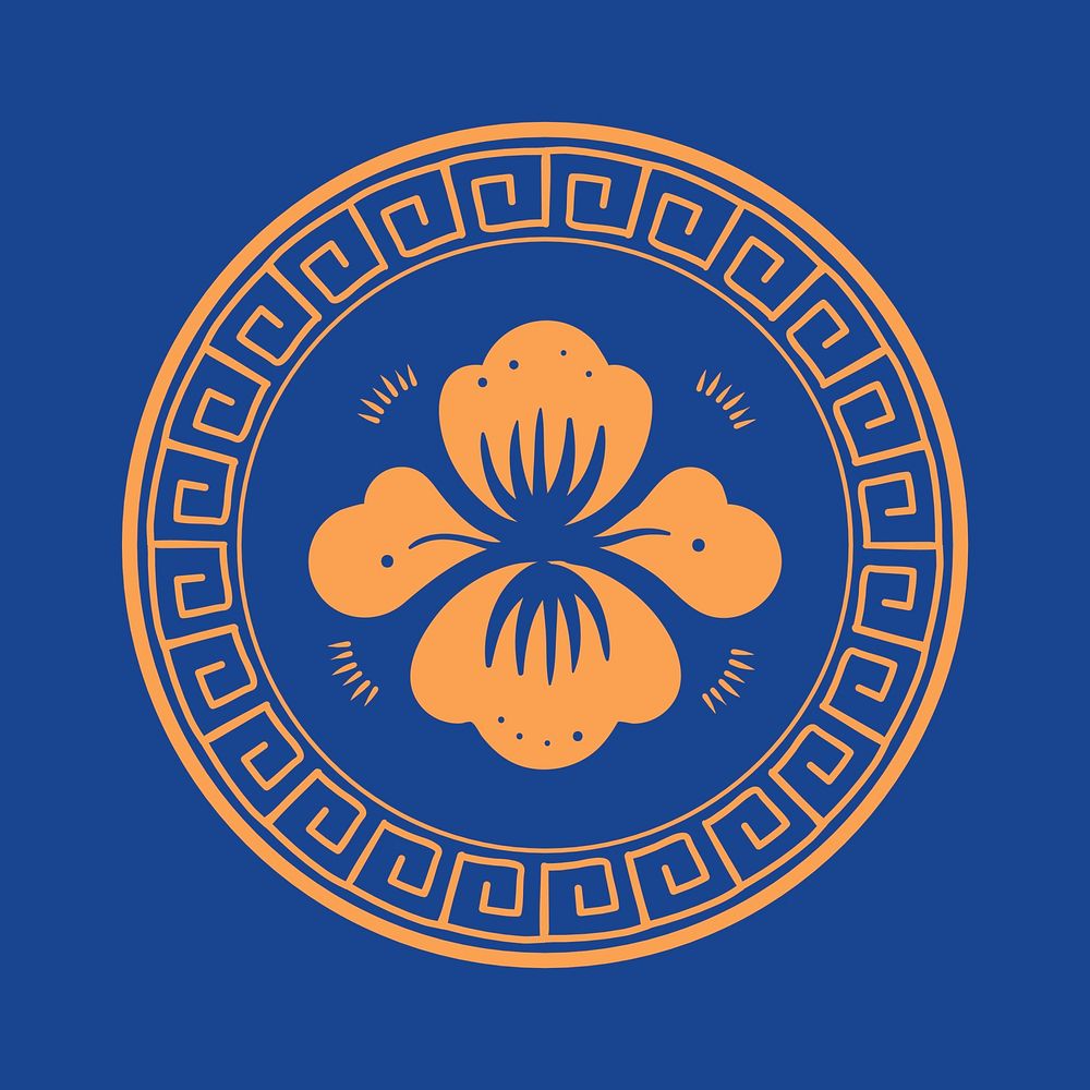 Orange peony flower badge vector Chinese traditional symbol