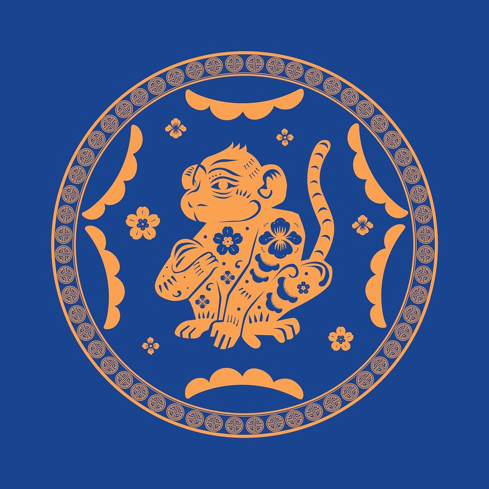 Monkey year orange badge vector traditional Chinese zodiac sign