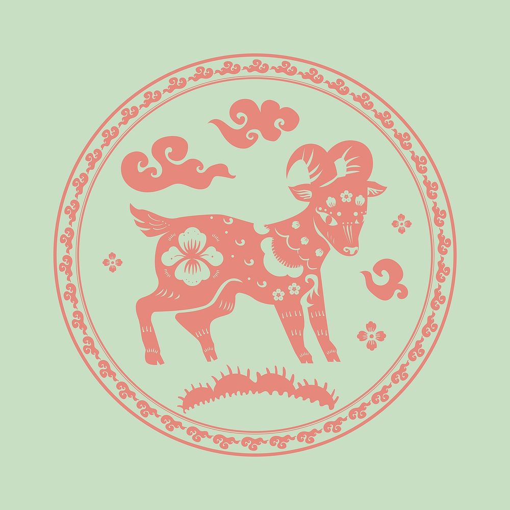 Goat year pink badge vector traditional Chinese zodiac sign