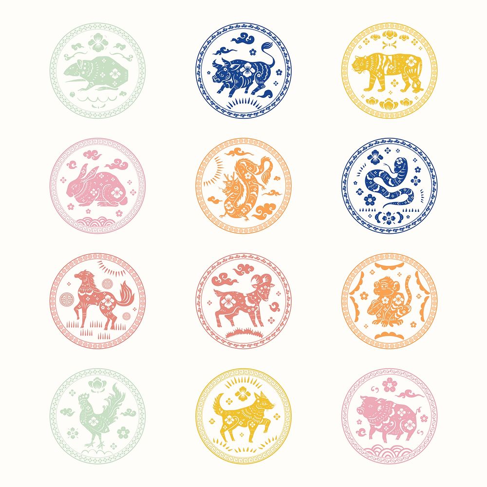 Chinese horoscope animals badges psd colorful new year design element set