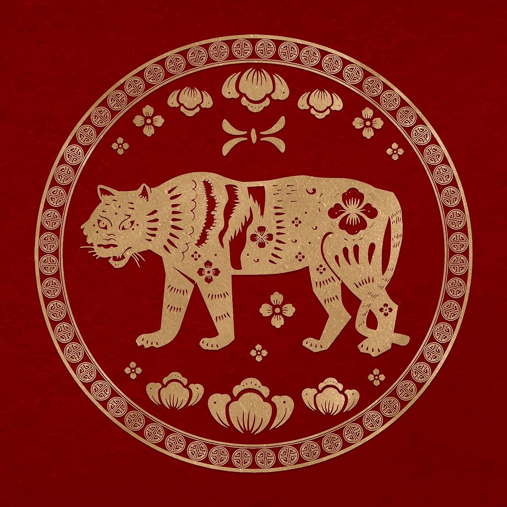 Year of tiger badge vector gold Chinese horoscope zodiac animal
