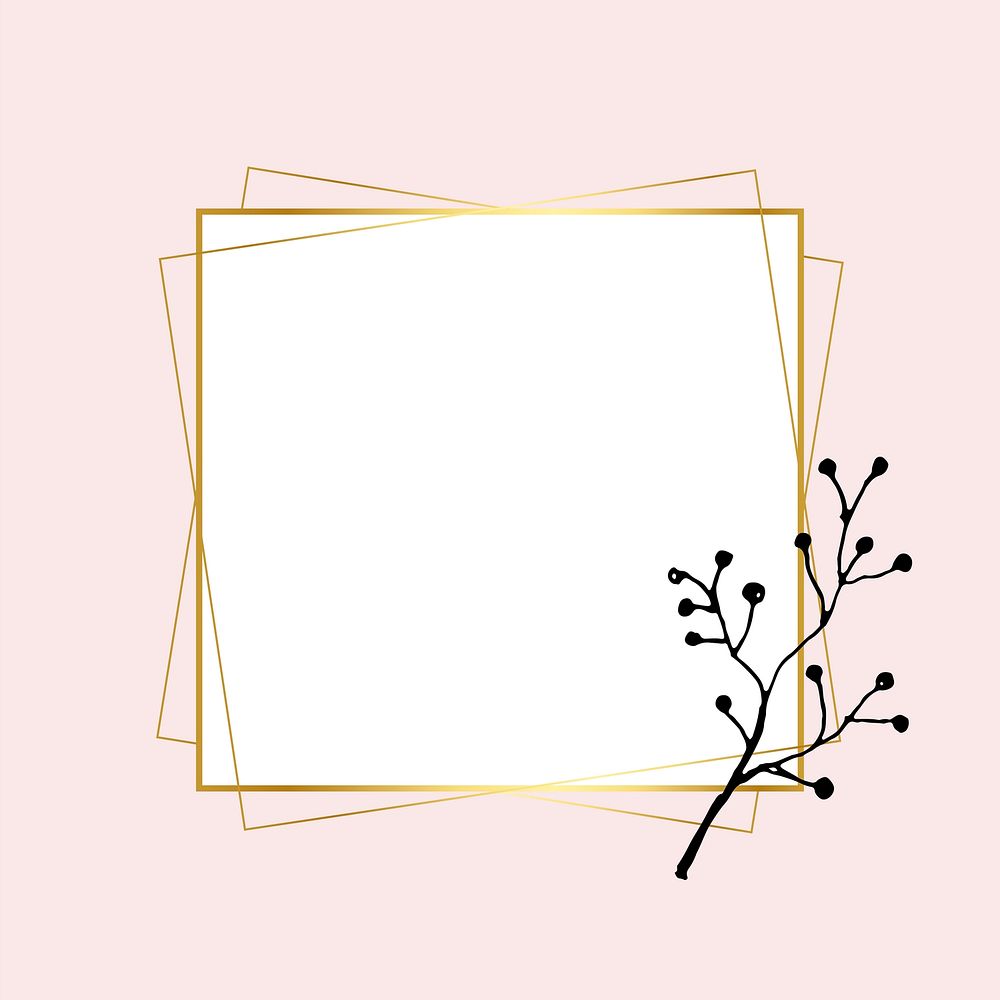 Gold square frame vector with simple flower drawing