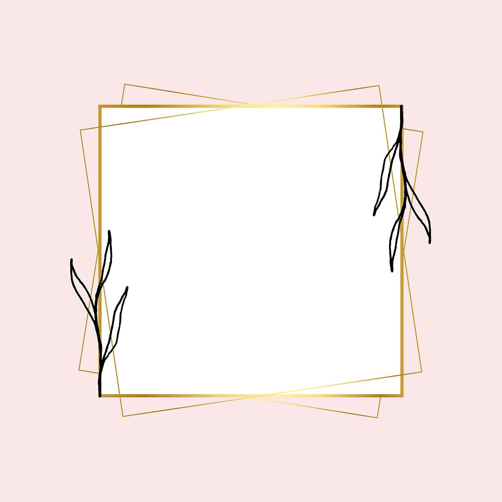 Gold square frame vector with simple flower drawing