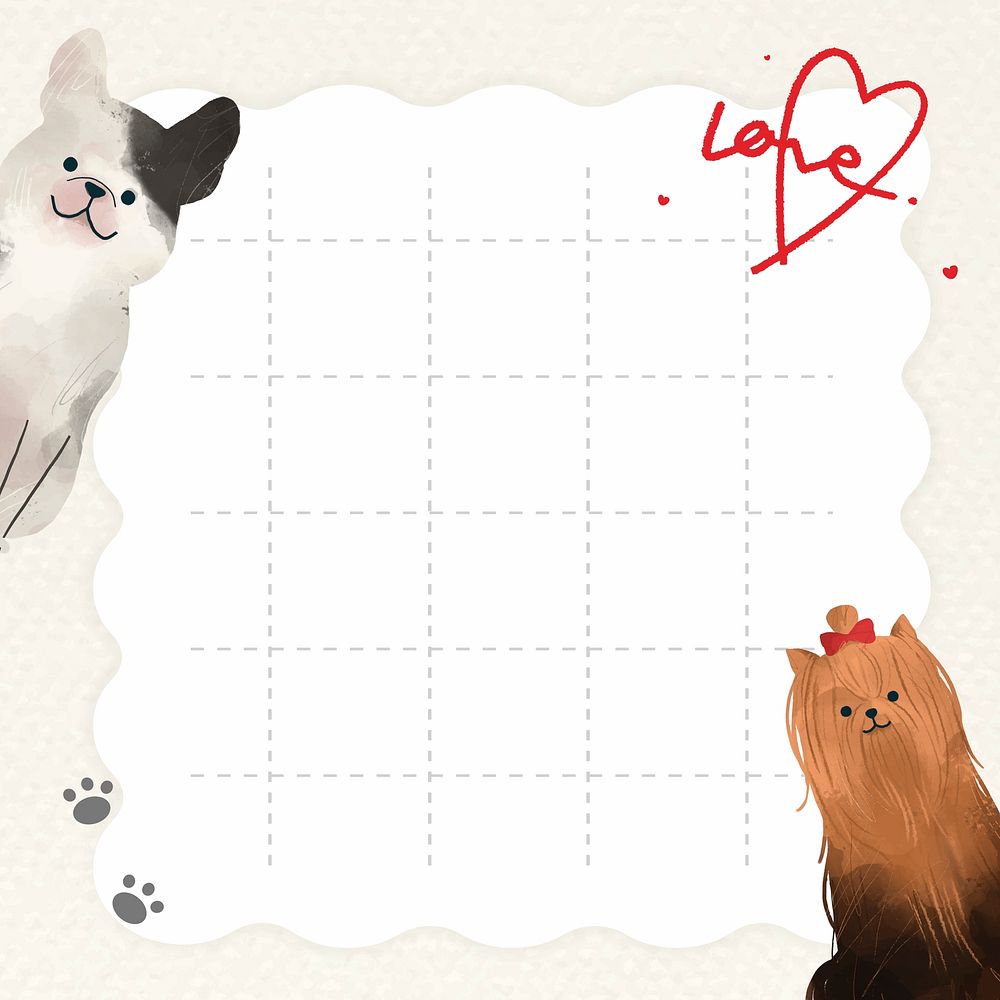 Frame with cute dogs drawing on grid background