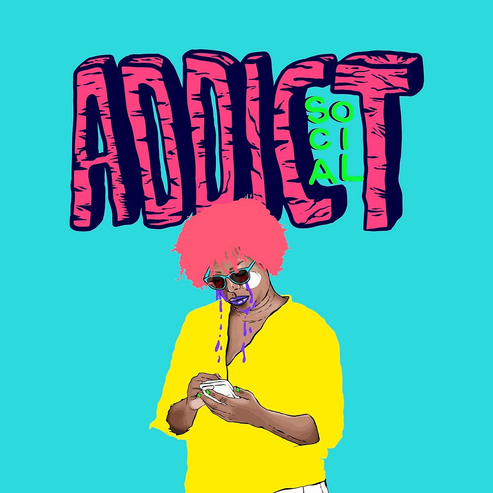 Social media addicted woman cartoon colorful illustration