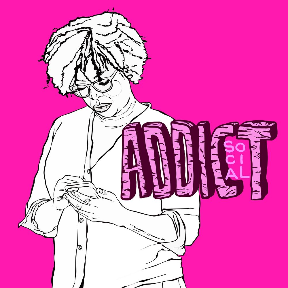 Social media addicted woman cartoon pink illustration