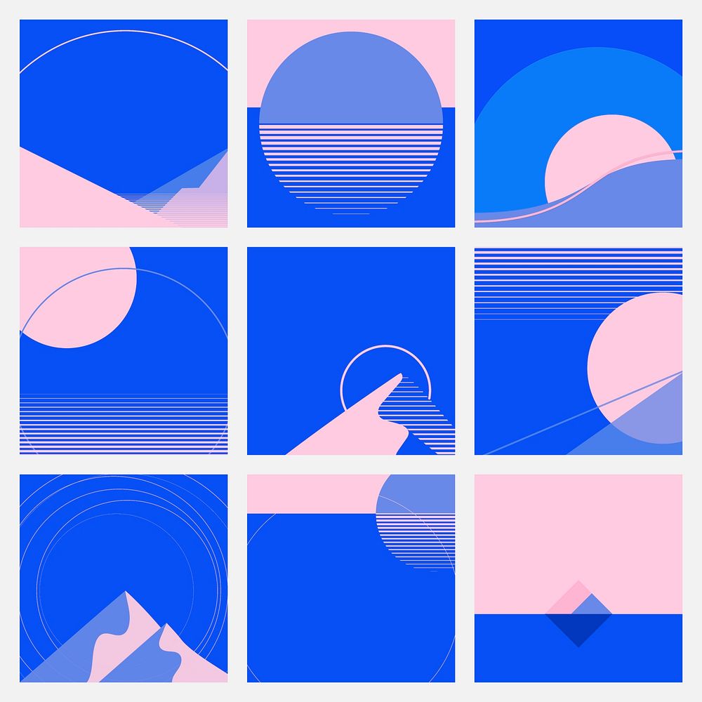 Minimal pink and blue Nordic retrofuturism style background social media carousel psd set