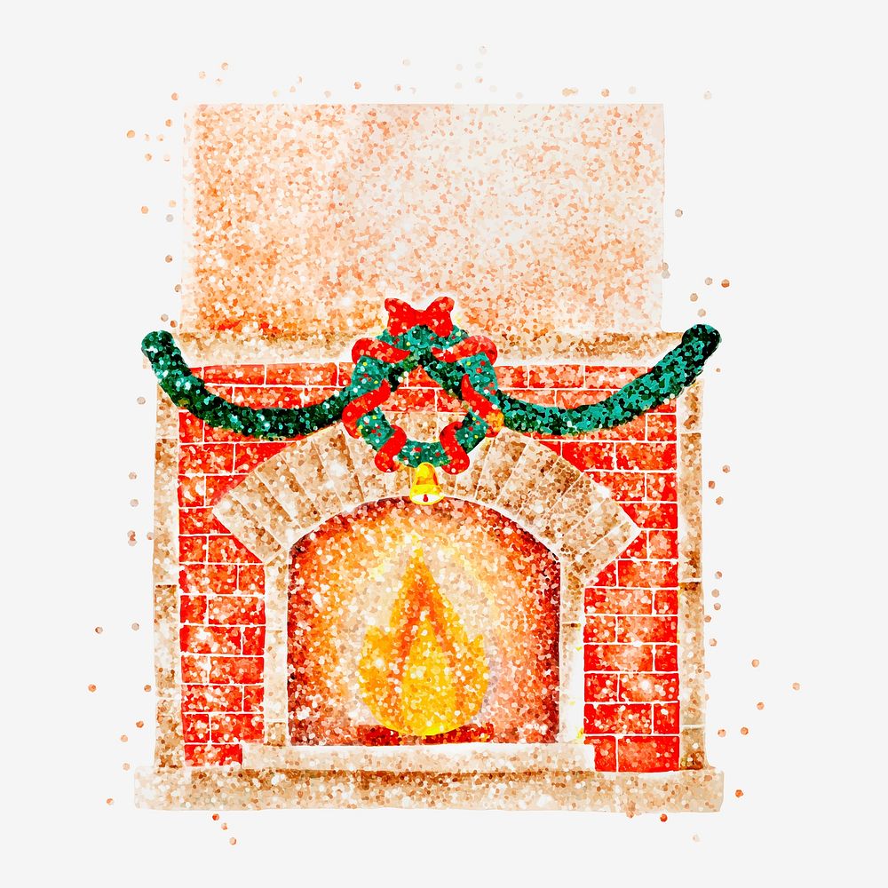 Glitter Christmas fireplace vector hand drawn