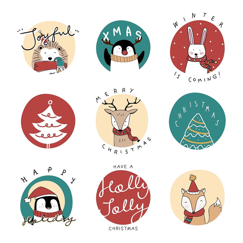 Christmas celebration festive doodle badges set