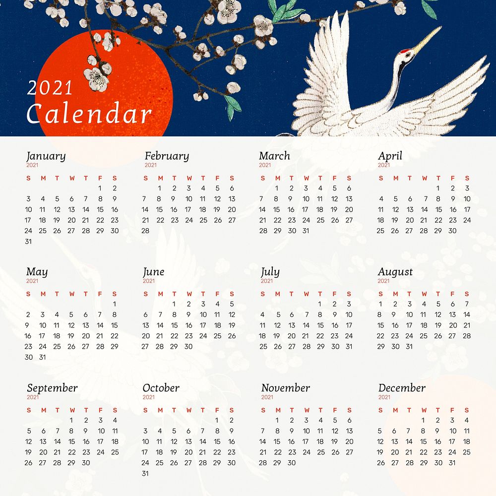 Yearly 2021 calendar vector with Japanese crane and sakura artwork remix from original print by Watanabe Seitei
