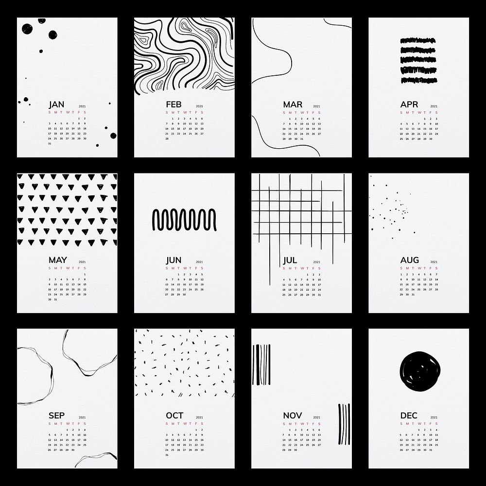 Calendar 2021 yearly editable template vector with black line pattern set
