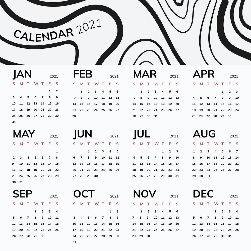 Calendar 2021 yearly editable template vector with black line pattern