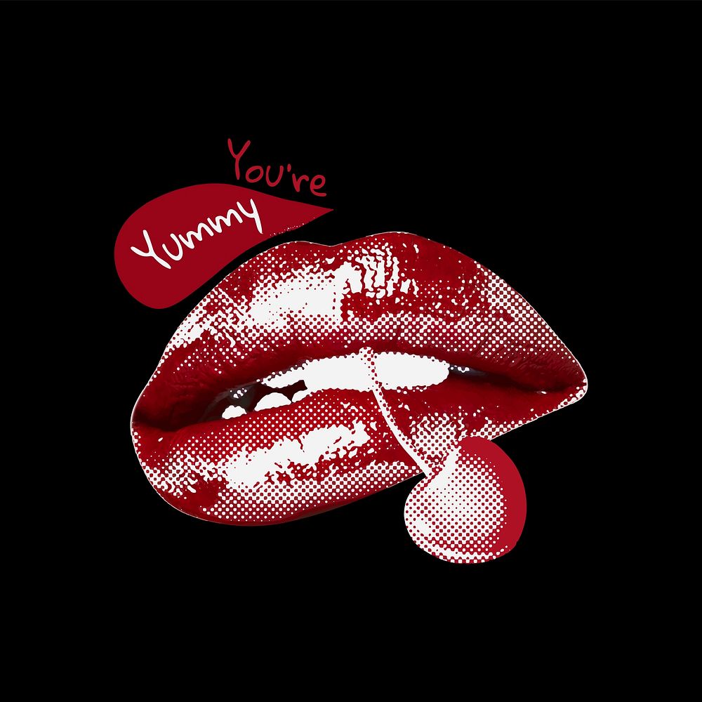 &lsquo;You&rsquo;re yummy&rsquo; red lips vector biting cherry cute Valentine&rsquo;s day post