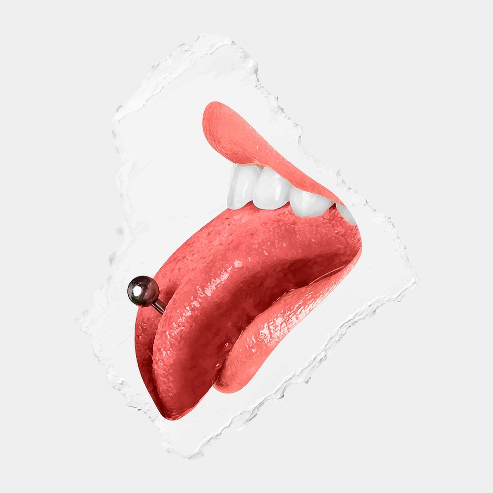 Pierced tongue vector red lips closeup on ripped paper background
