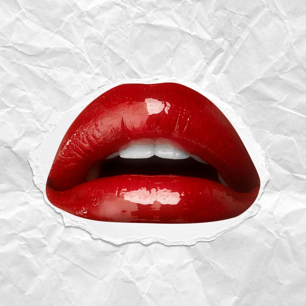 Glossy red lips closeup with ripped paper textured background