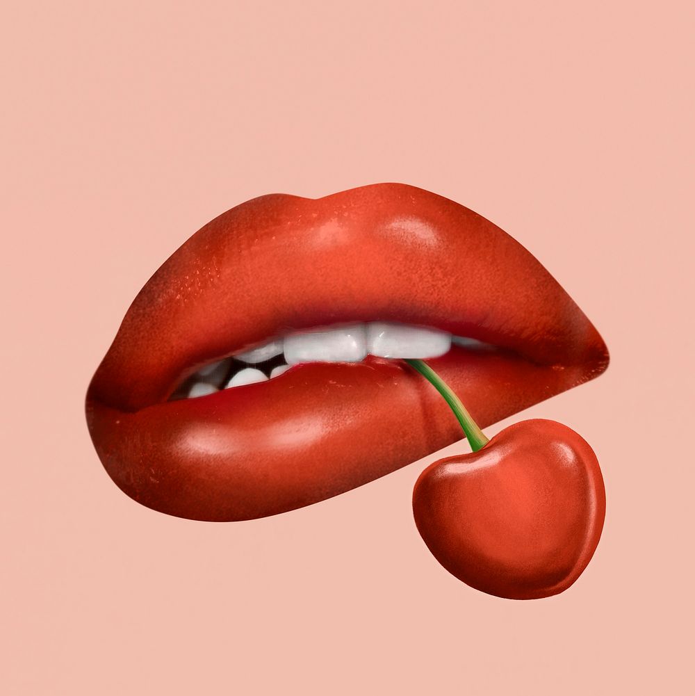 Red lips biting cherry sexy Valentine&rsquo;s day design element
