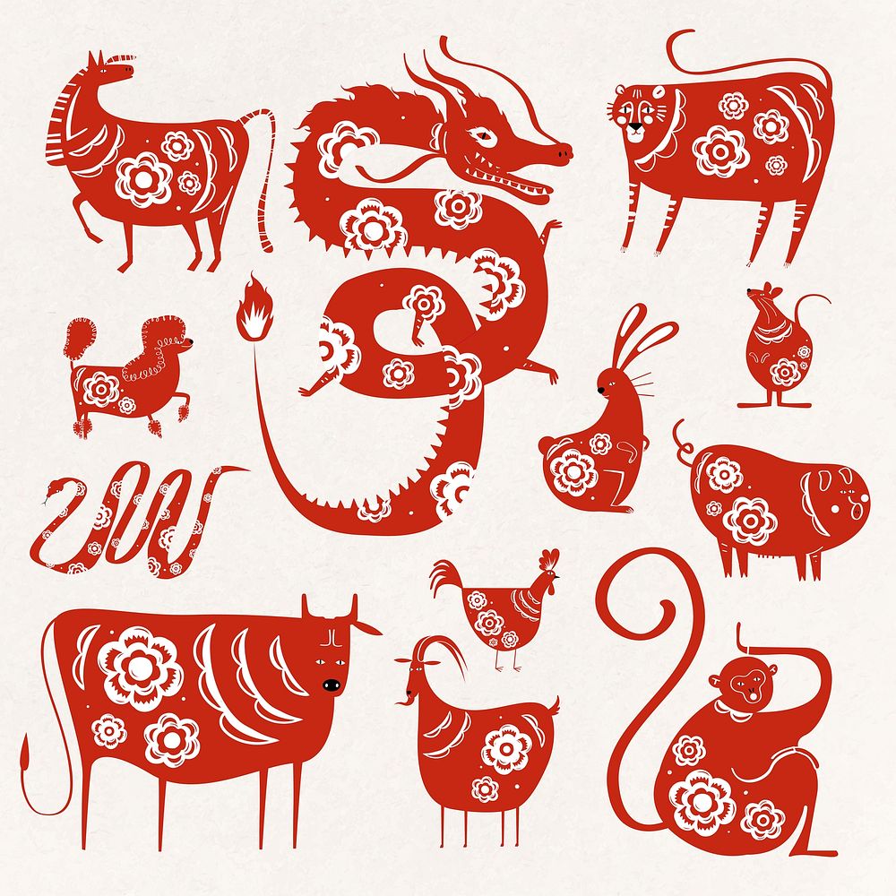 Red animal silhouettes Chinese new year zodiac symbol collection