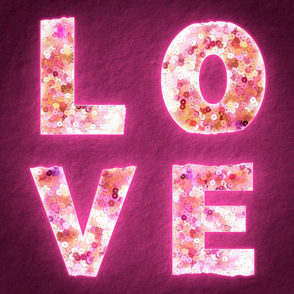 Glittery love word with sequin texture on pink background