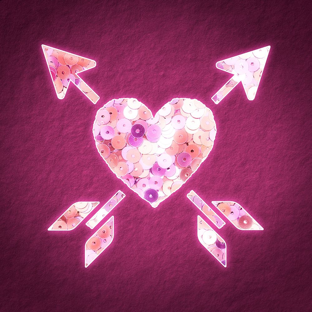 Glittery pink sequin arrowed heart valentine&rsquo;s icon