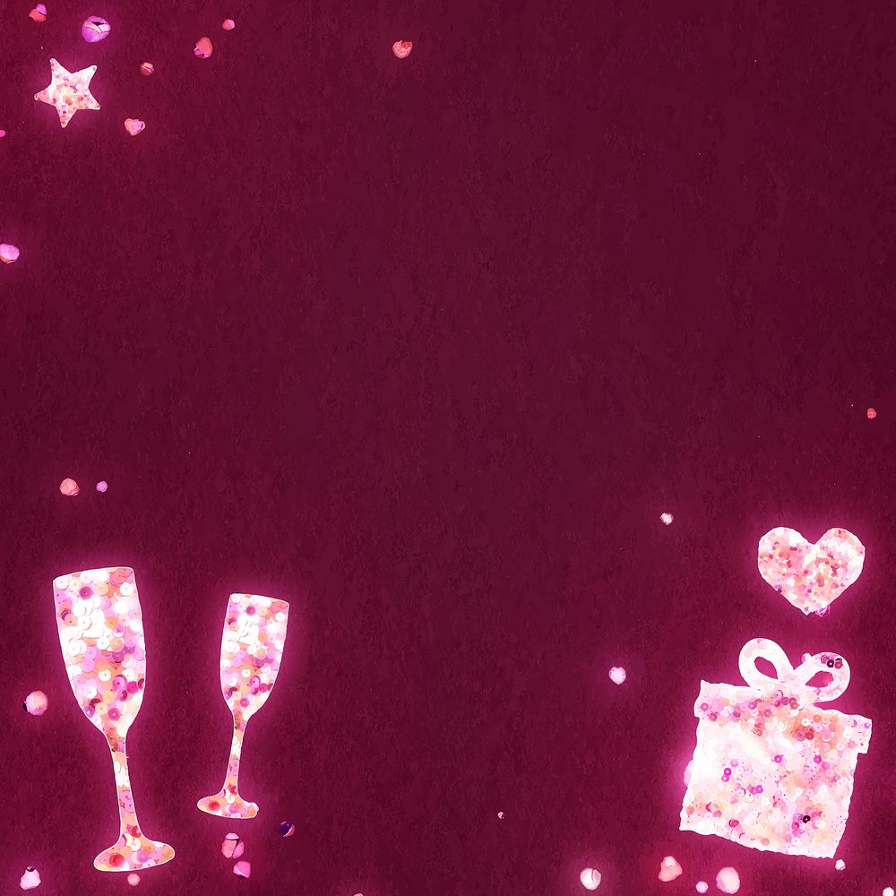 Valentine&rsquo;s dinner pink background vector with box and champagne glasses in sequin texture