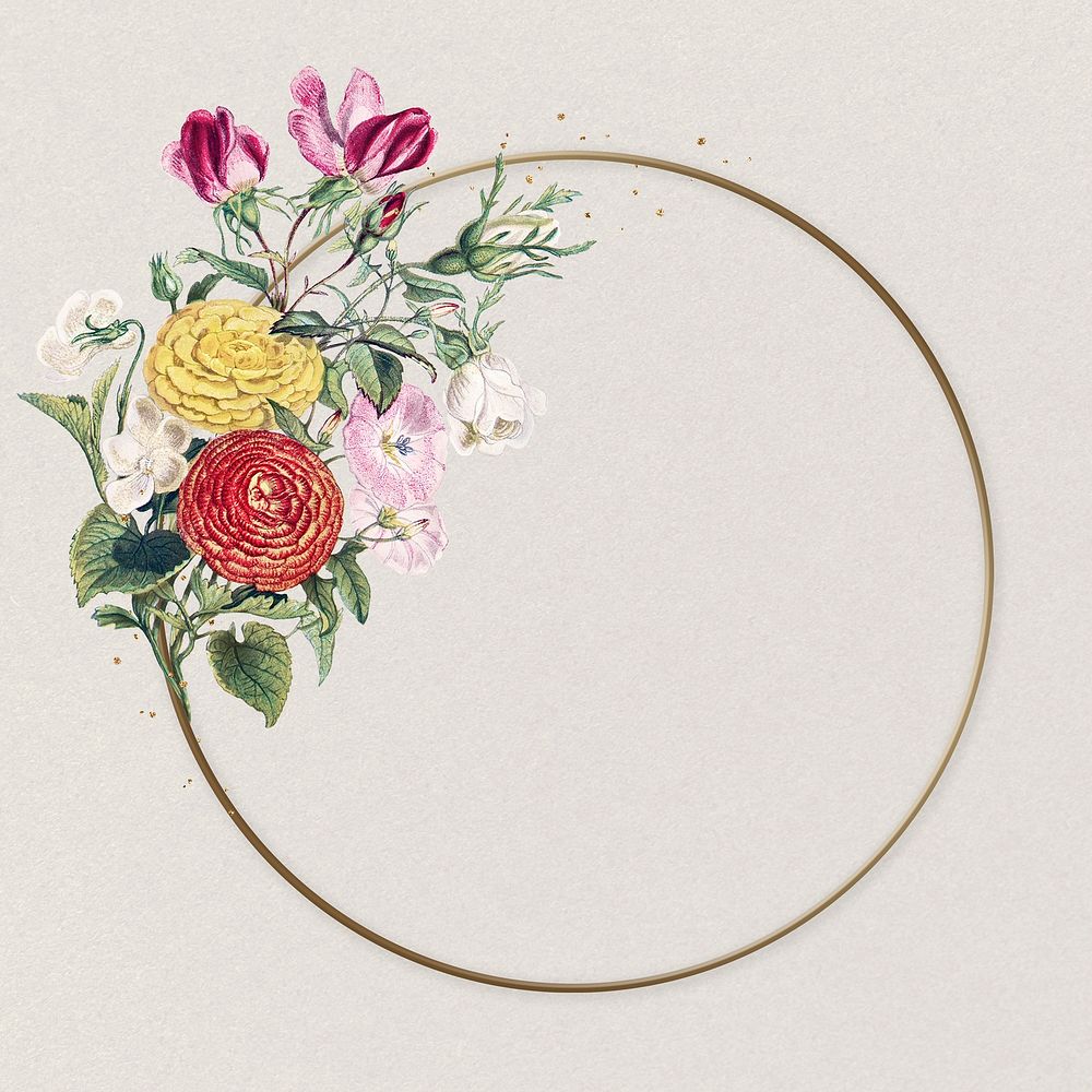 Beautiful buttercup circle frame colorful flower vintage illustration