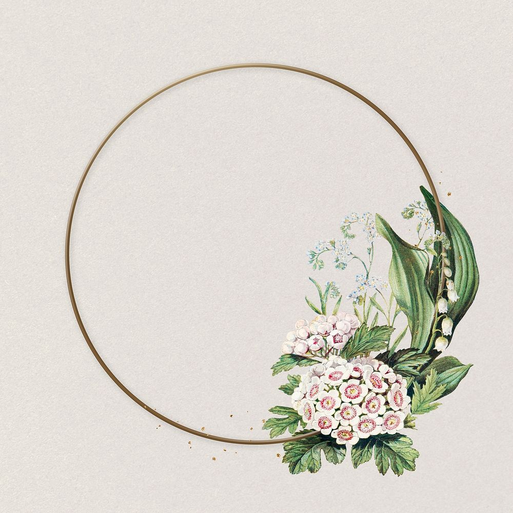 White hawthorn floral frame classic gold illustration
