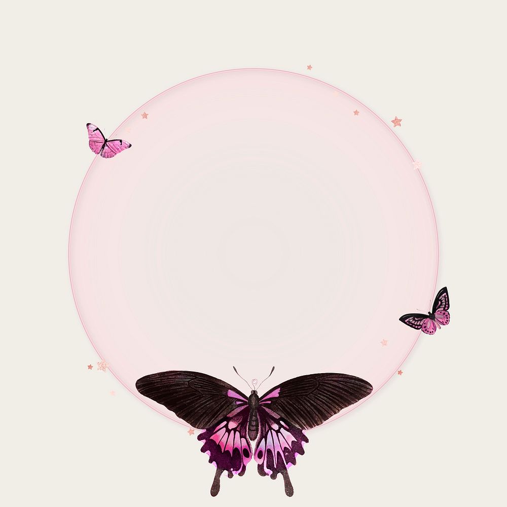 Glittery pink butterfly frame vector circle holographic illustration