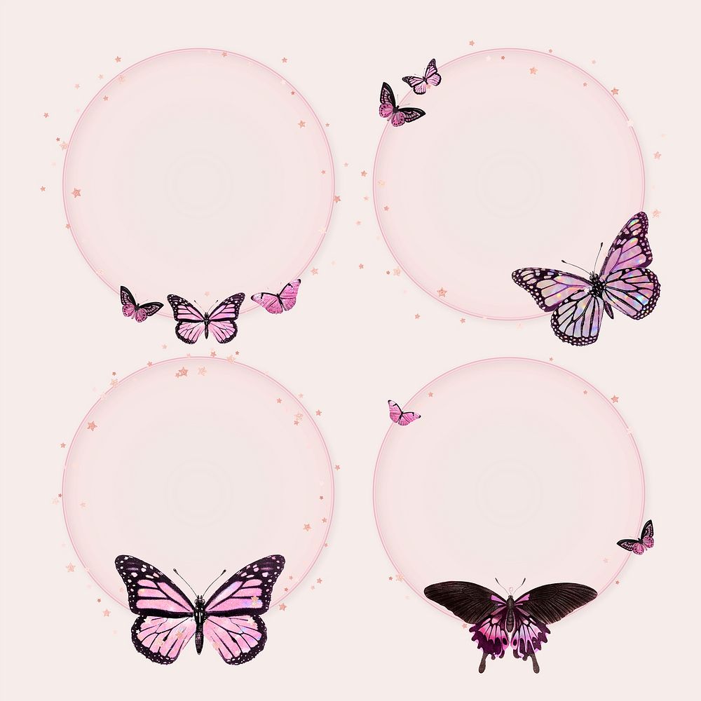 Cute butterfly circle frame vector aesthetic pink illustration for kids collection