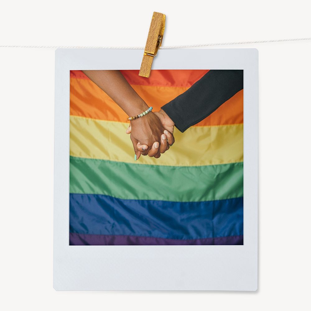 Gay couple holding hands instant photo, pride flag image