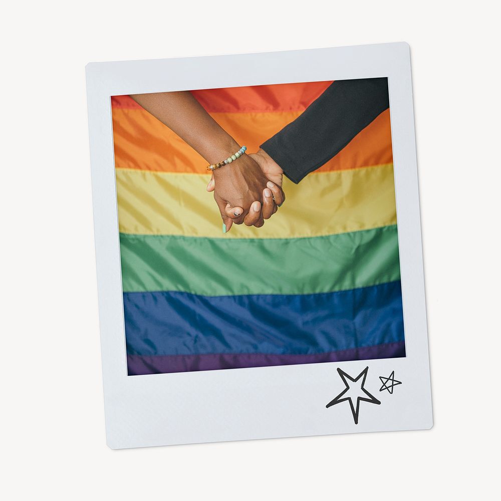 Gay couple holding hands instant photo, pride flag image