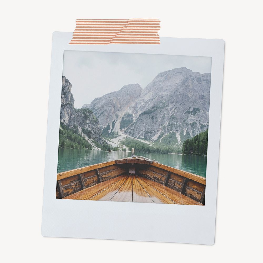 Scenic mountain lake, wooden boat on the lake instant photo