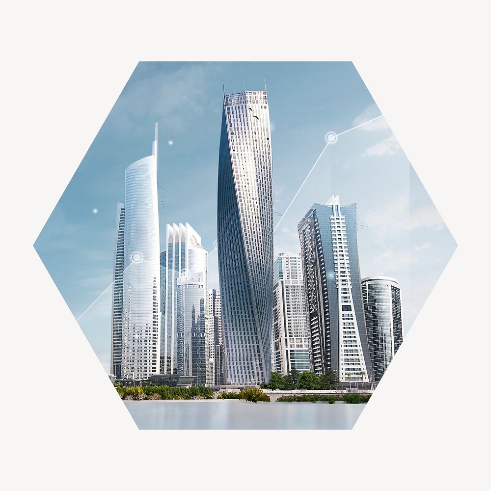 Smart city badge, technology remixed media photo in hexagon shape