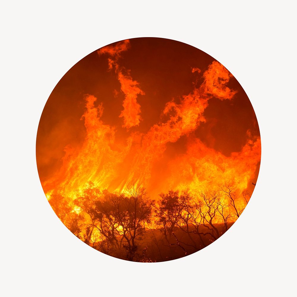 Wildfire badge, global warming, climate change photo in round shape