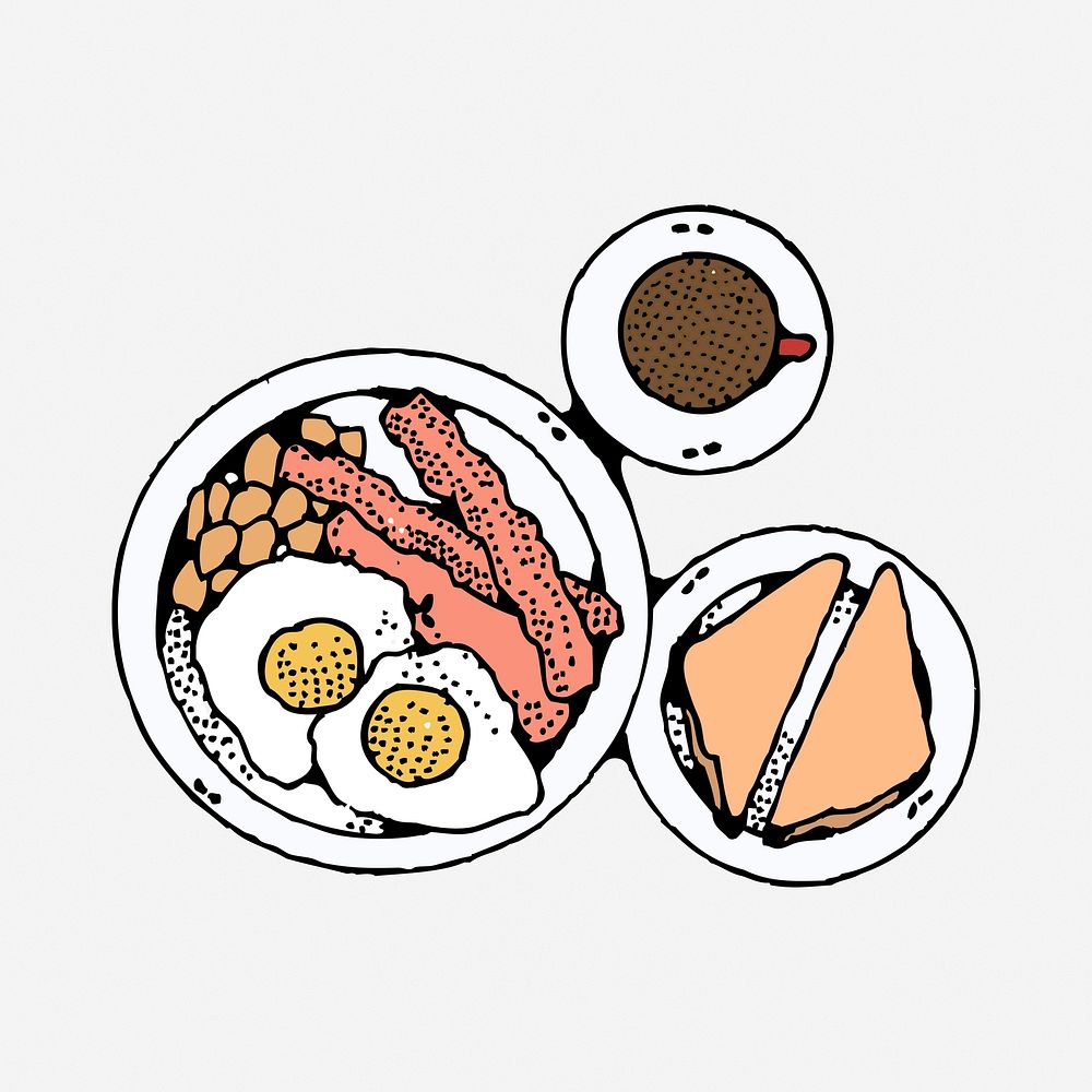 English breakfast, drawing illustration. Free public domain CC0 image.