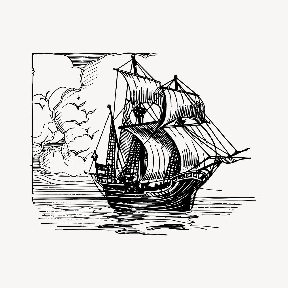 Sailing ship collage element, drawing illustration vector. Free public domain CC0 image.