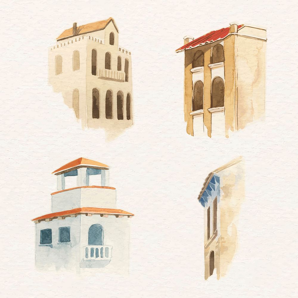 Vector old European architectural building watercolor collection