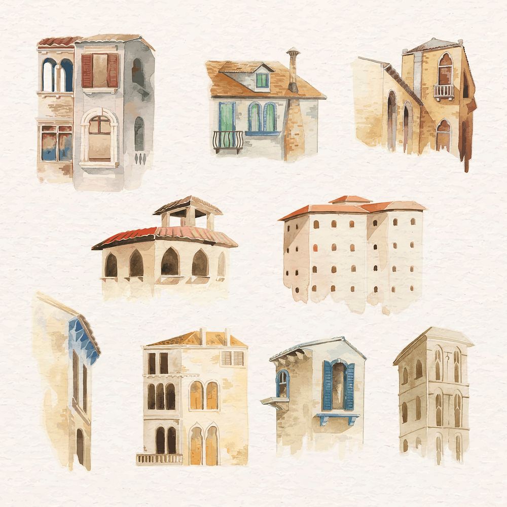 Old European building watercolor architecture collection