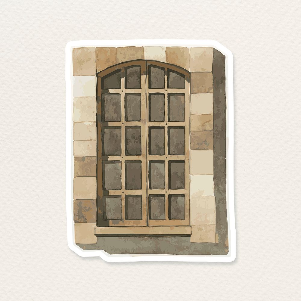 Hand drawn psd watercolor vintage European stone window architectural clipart